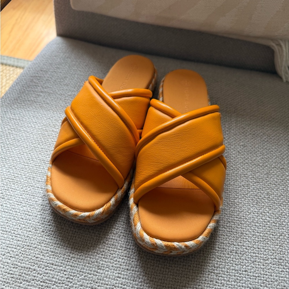 Tory Burch Orange Slide Sandals with Crisscross Design